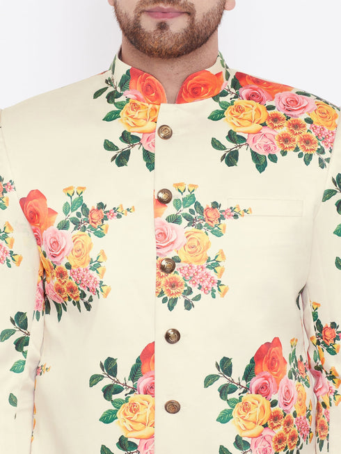Vastramay Men's Floral Printed Multicolor-Base-Cream And Maroon Silk Blend Sherwani Set