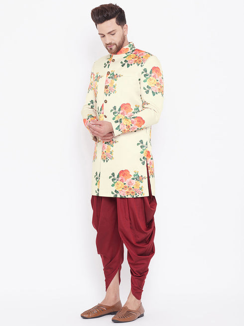 Vastramay Men's Floral Printed Multicolor-Base-Cream And Maroon Silk Blend Sherwani Set