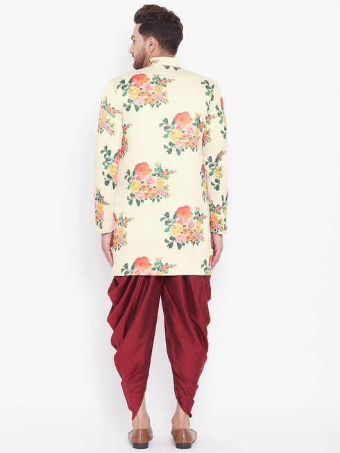 Vastramay Men's Floral Printed Multicolor-Base-Cream And Maroon Silk Blend Sherwani Set