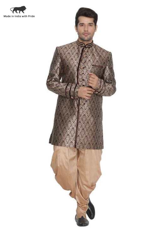 VASTRAMAY Men's Brown Cotton Silk Blend Sherwani Set