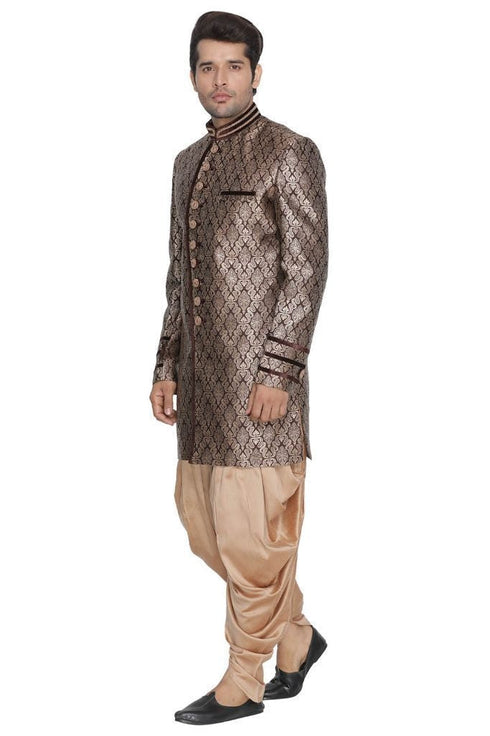 VASTRAMAY Men's Brown Cotton Silk Blend Sherwani Set
