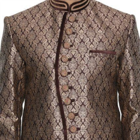 VASTRAMAY Men's Brown Cotton Silk Blend Sherwani Set