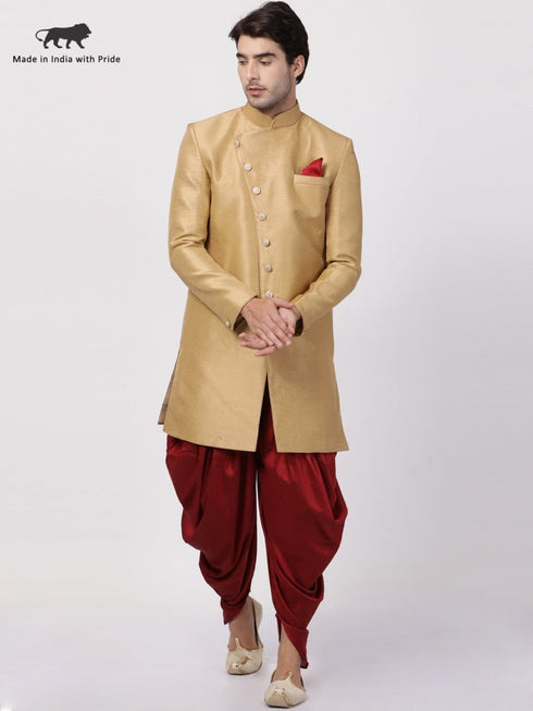 VM By VASTRAMAY Men's Beige Silk Blend Sherwani Set