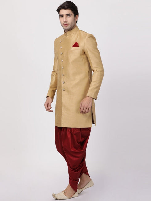 VM By VASTRAMAY Men's Beige Silk Blend Sherwani Set