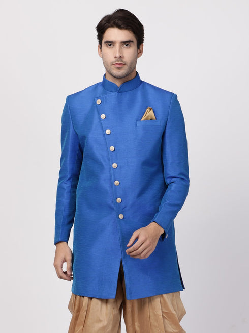 VASTRAMAY Men's Blue Silk Blend Sherwani Only Top