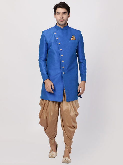 VM By VASTRAMAY Men's Blue Silk Blend Sherwani Set