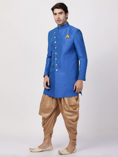 VM By VASTRAMAY Men's Blue Silk Blend Sherwani Set