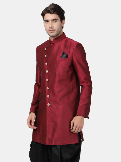 VASTRAMAY Men's Maroon Silk Blend Sherwani Only Top