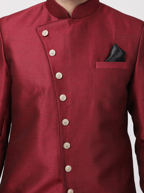 VASTRAMAY Men's Maroon Silk Blend Sherwani Only Top