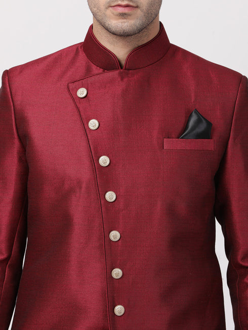 VM By VASTRAMAY Men's Maroon Silk Blend Sherwani Set