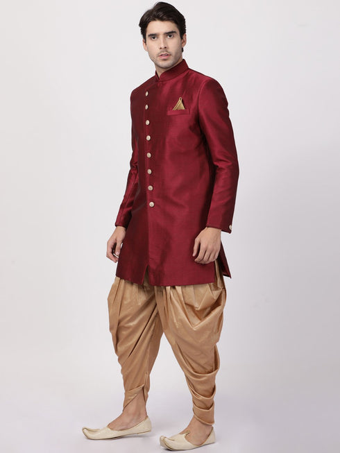 VASTRAMAY Men's Maroon Silk Blend Sherwani Set