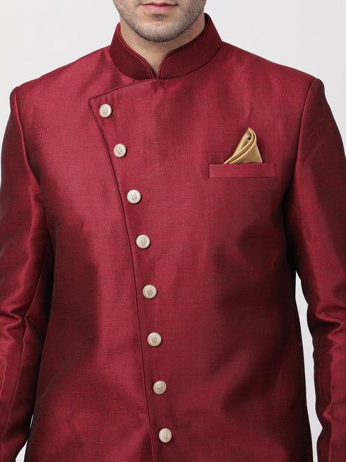 VASTRAMAY Men's Maroon Silk Blend Sherwani Set