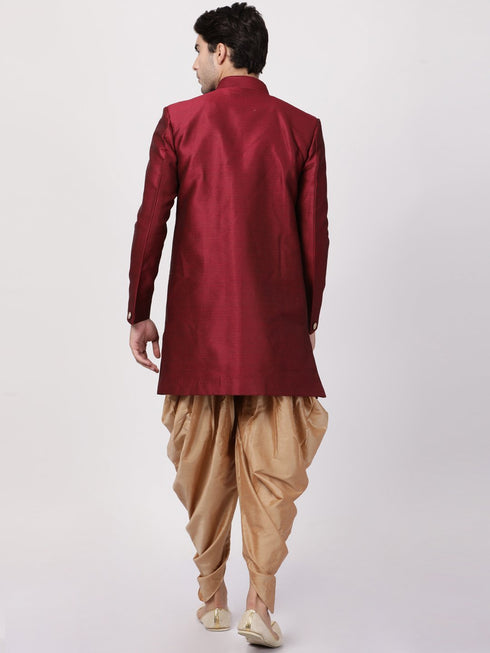 VASTRAMAY Men's Maroon Silk Blend Sherwani Set