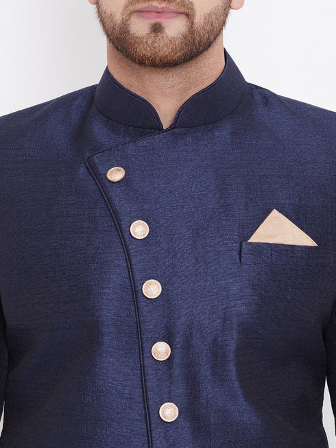 Vastramay Men's Navy Blue And Rose Gold Silk Blend Sherwani Set
