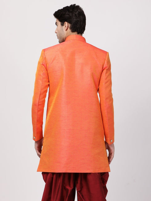 VASTRAMAY Men's Orange Silk Blend Sherwani Only Top