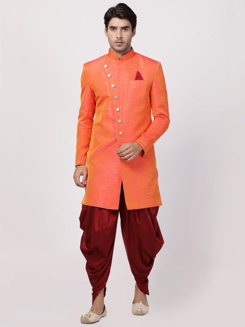 VASTRAMAY Men's Orange Silk Blend Sherwani Only Top