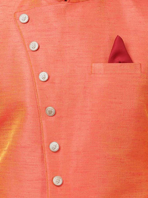 VASTRAMAY Men's Orange Silk Blend Sherwani Set