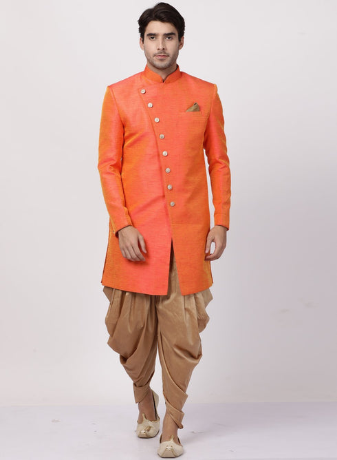 VASTRAMAY Men's Orange Silk Blend Sherwani Set