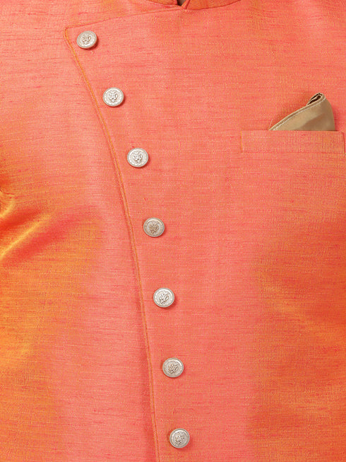 VASTRAMAY Men's Orange Silk Blend Sherwani Set