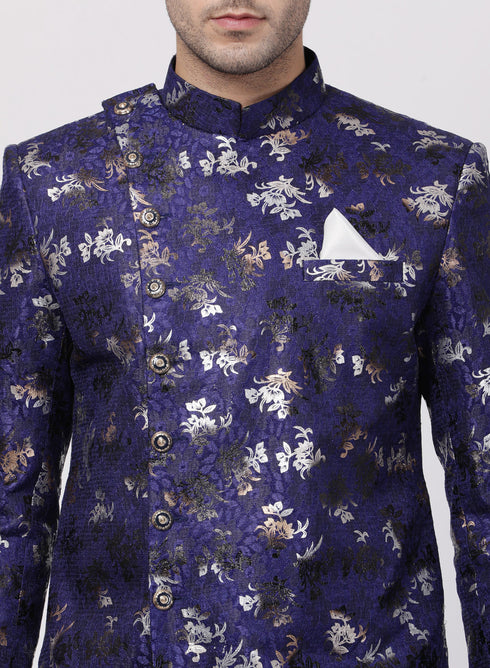 VASTRAMAY Men's Blue Silk Blend Sherwani Set