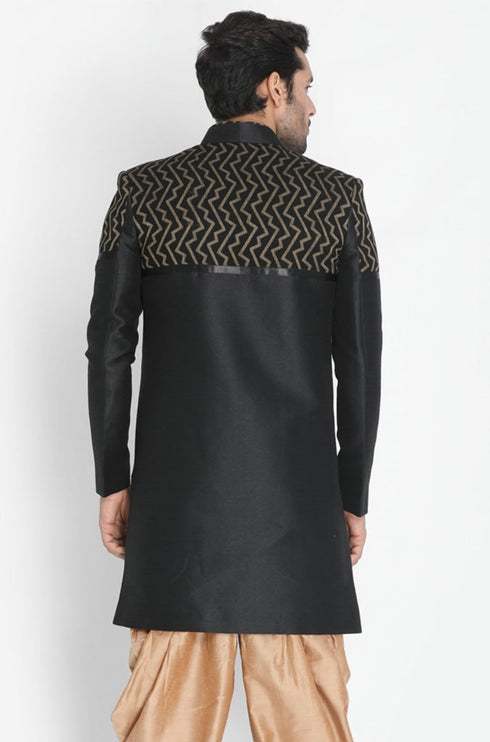 VASTRAMAY Men's Black Silk Blend Sherwani Only Top