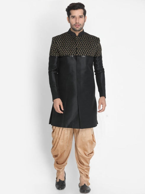 VASTRAMAY Men's Black Silk Blend Sherwani Only Top