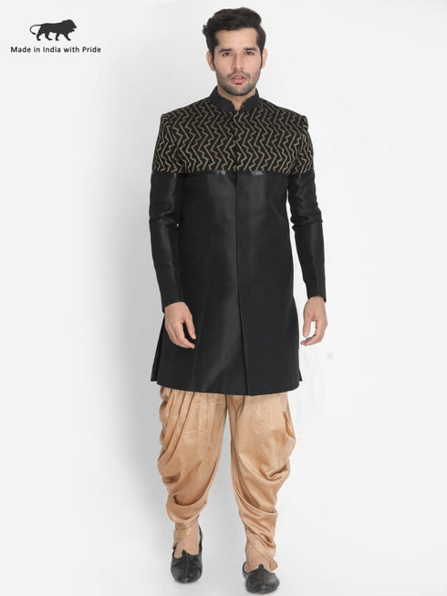 VASTRAMAY Men's Black Silk Blend Sherwani Set
