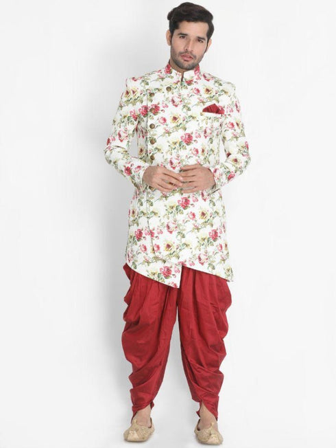 VASTRAMAY Men's Beige Silk Blend Sherwani Only Top