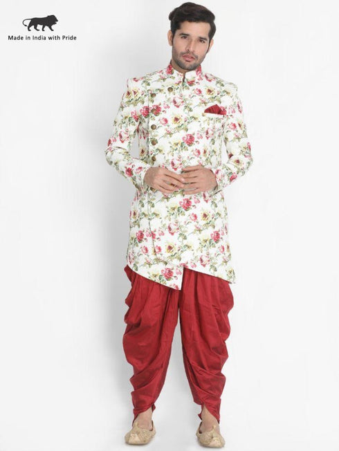 VASTRAMAY Men's Beige Silk Blend Sherwani Set