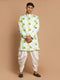 Vastramay Men's Light Green Silk Blend Sherwani And White Dhoti Set