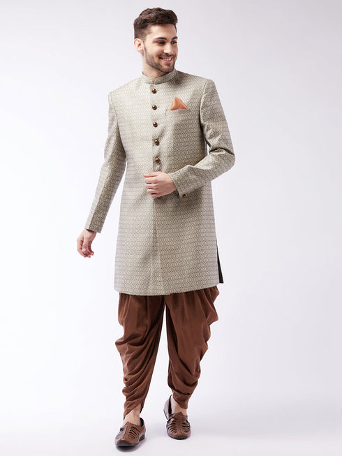 Vastramay Men's Beige, Grey And Coffee Brown Silk Blend Sherwani Set