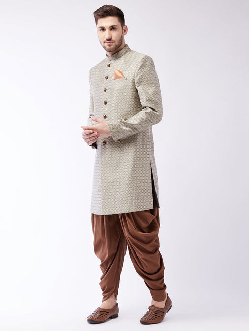 Vastramay Men's Beige, Grey And Coffee Brown Silk Blend Sherwani Set