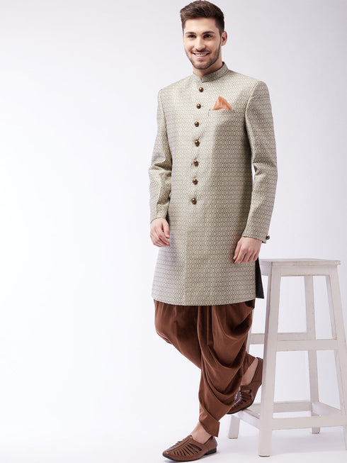 Vastramay Men's Beige, Grey And Coffee Brown Silk Blend Sherwani Set