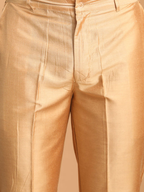 Vastramay Men's Yellow Silk Blend Sherwani With Rose Gold Kurta Pant Set