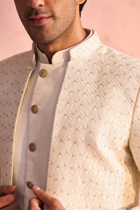 VASTRAMAY Men's Cream Schiffli Worked With Sequin Detailing Indo With Sleeveless Kurta Pant Set