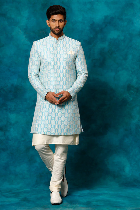 VASTRAMAY Men's Blue Imported Jacquard Indo With Kurta Pyjama Set