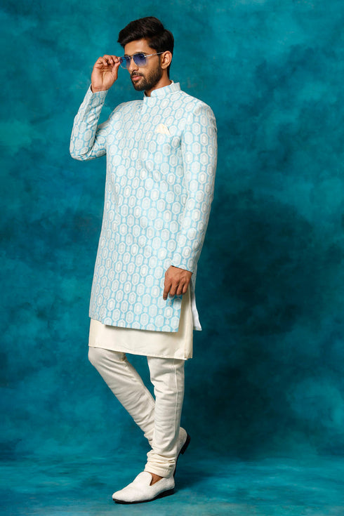 VASTRAMAY Men's Blue Imported Jacquard Indo With Kurta Pyjama Set