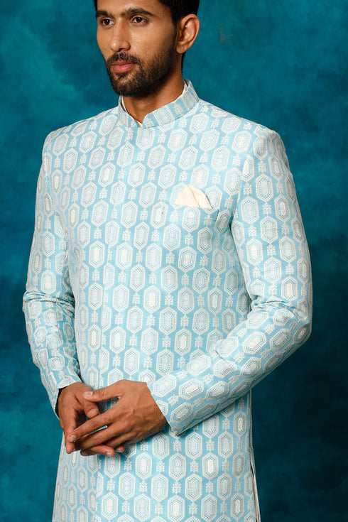 VASTRAMAY Men's Blue Imported Jacquard Indo With Kurta Pyjama Set
