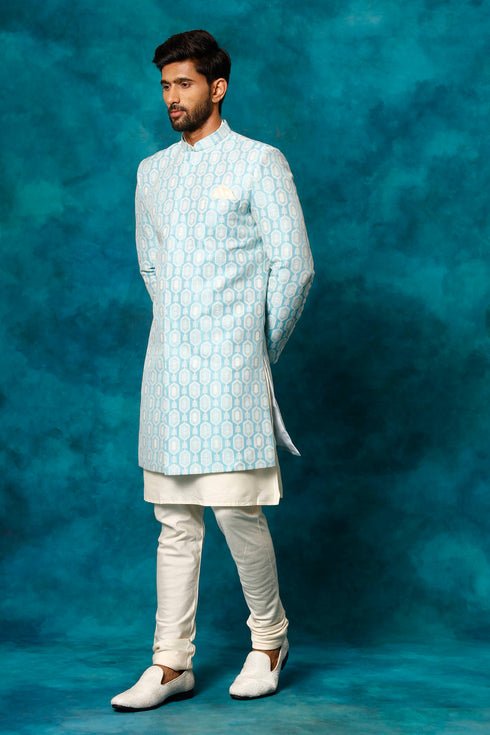 VASTRAMAY Men's Blue Imported Jacquard Indo With Kurta Pyjama Set