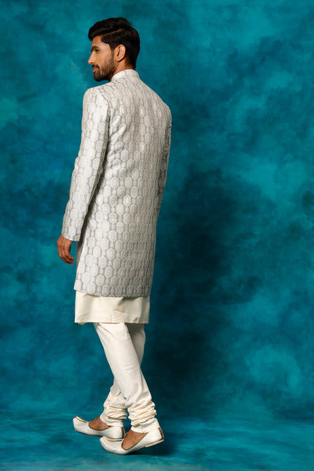 VASTRAMAY Men's Grey Imported Jacquard Indo With Kurta Pyjama Set
