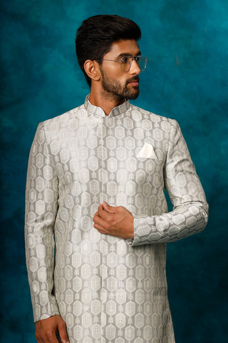 VASTRAMAY Men's Grey Imported Jacquard Indo With Kurta Pyjama Set