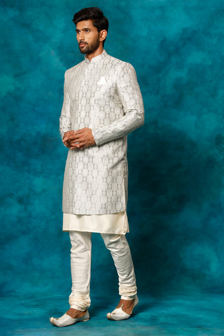 VASTRAMAY Men's Grey Imported Jacquard Indo With Kurta Pyjama Set