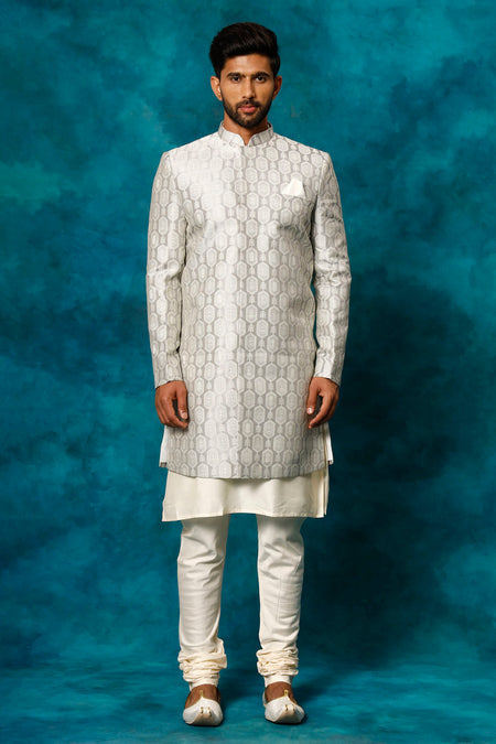 VASTRAMAY Men's Grey Imported Jacquard Indo With Kurta Pyjama Set