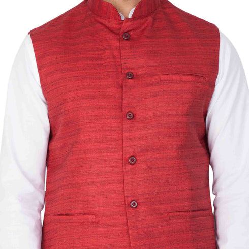 Vastramay Men's White Cotton Blend Kurta, Ethnic Jacket and Pyjama Set