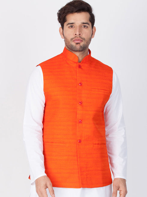 VASTRAMAY Men's Orange Cotton Blend Nehru Jacket