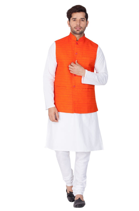 Vastramay Men's White Cotton Blend Kurta, Ethnic Jacket and Pyjama Set