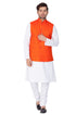 Vastramay Men's White Cotton Blend Kurta, Ethnic Jacket and Pyjama Set