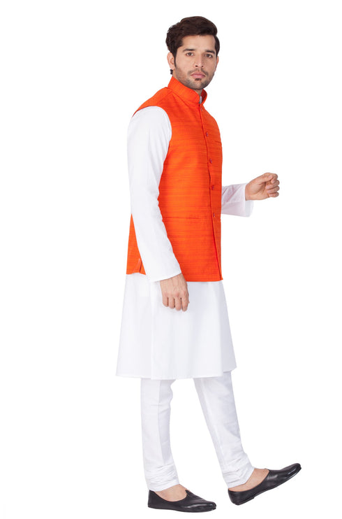 Vastramay Men's White Cotton Blend Kurta, Ethnic Jacket and Pyjama Set