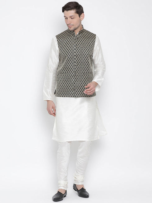 Vastramay Men's Black Silk Blend Jacket with Kurta Pyjama Set