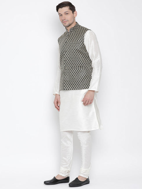 Vastramay Men's Black Silk Blend Jacket with Kurta Pyjama Set